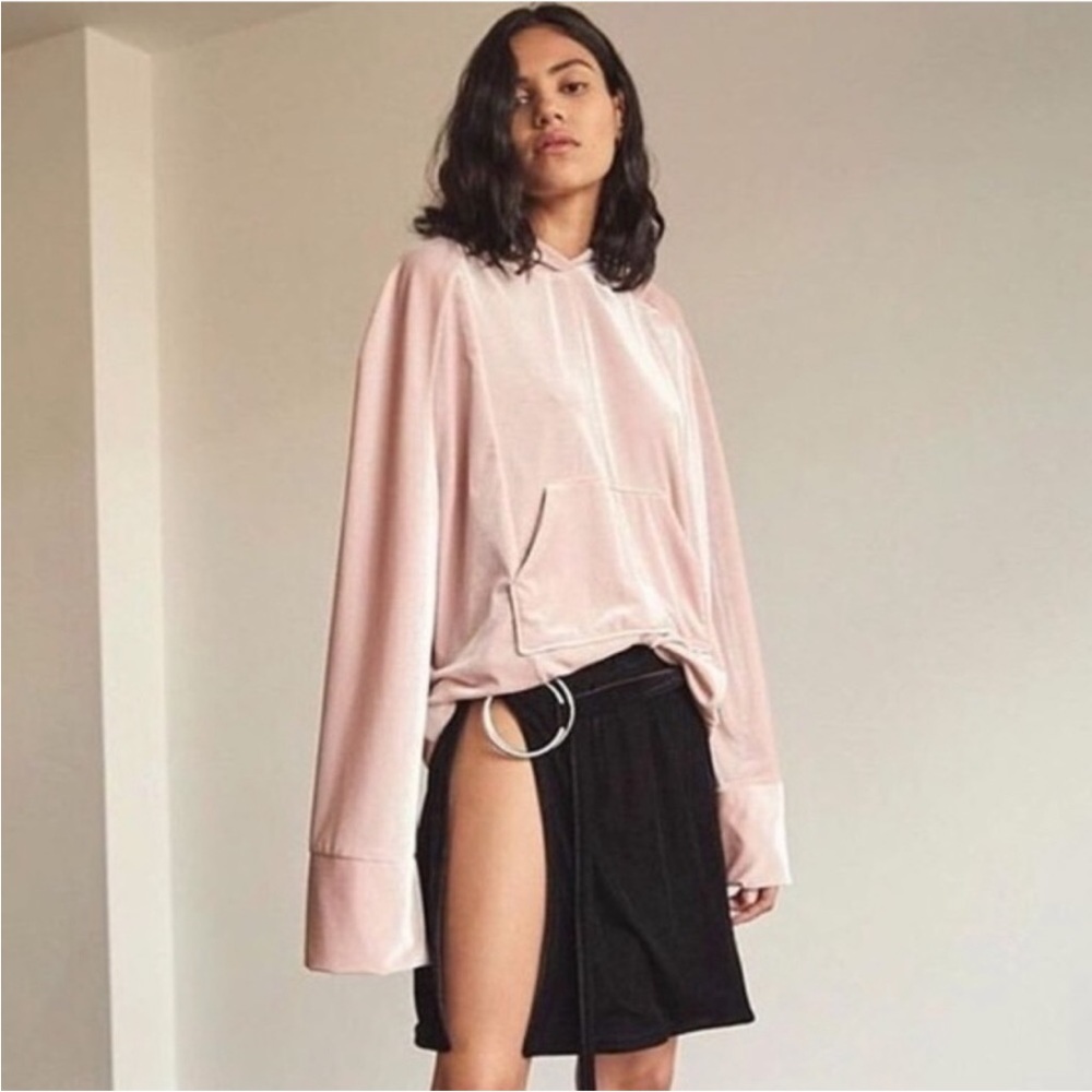NWT House of Sunny Hoodie Velour Baby Pink Metallic Silver Tone Oversized sz S